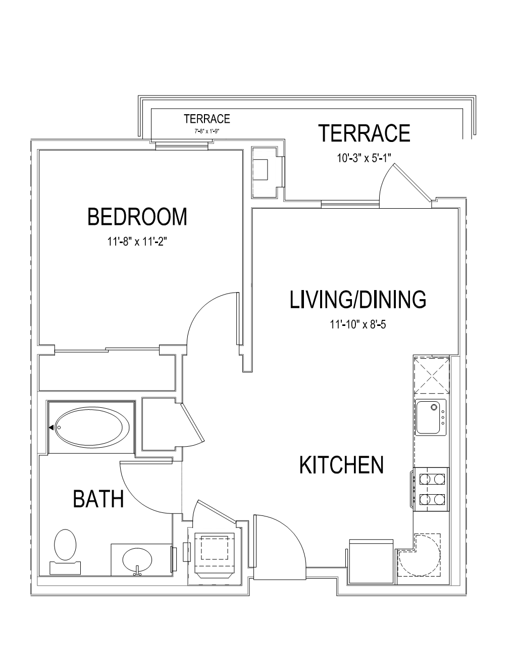 Floor plan for 1 bed, 1 bath, 598 sqft
